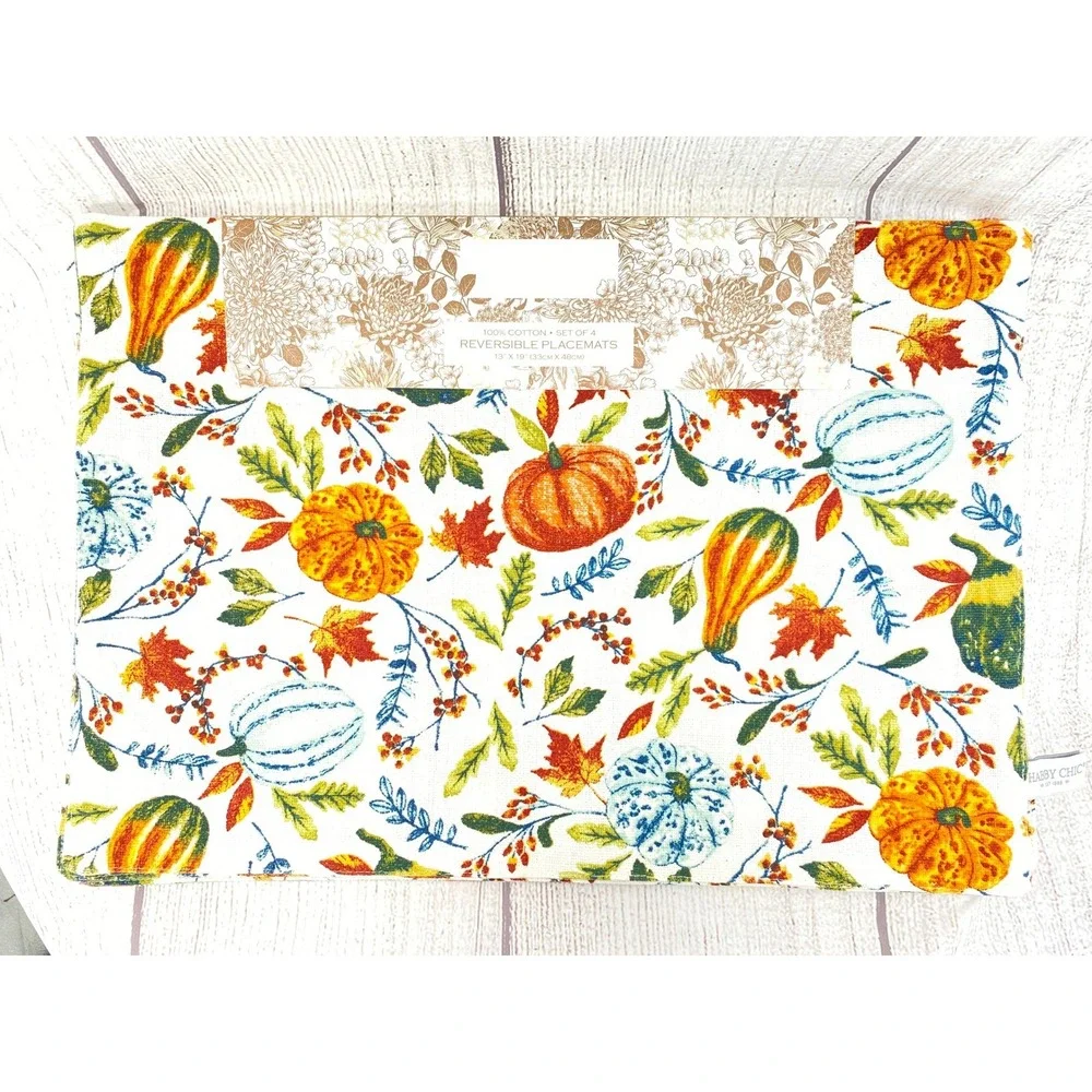 Shabby Chic Placemats (4) 13x19 Pumpkin Plaid Cotton Reversible Thanksgiving